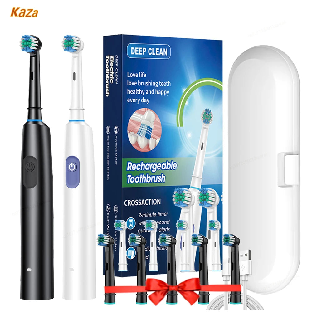Rotating, waterproof, rechargeable electric toothbrush with timer and 4 brush heads