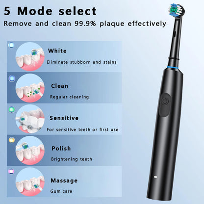 Brosse à dents électrique rotative, étanche, avec minuterie, rechargeable et 4 têtes de brossage